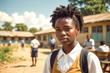 Close-up of a young African student girl in the courtyard surrounding the classroom.