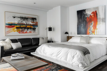 A contemporary sanctuary boasting a platform bed adorned with crisp white linens and a sleek black leather sofa, brought to life by captivating abstract art pieces on the walls.