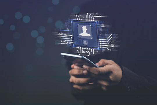 Person use smartphone fingerprint scanning allows access to security and identity biometric technology for verification financial security and access personal of big data businesses, bank and Cloud.