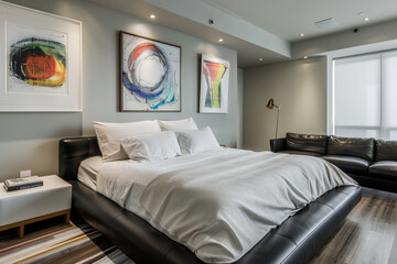 A modern retreat showcasing a platform bed dressed in crisp white linens, an inviting black leather sofa, and a collection of mesmerizing abstract art pieces accentuating the space.