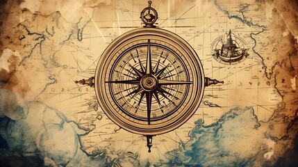 Fototapeta premium Old sea compass, lighthouse and sea knot on abstract map background. Pirate, explorer, travel and nautical theme grunge background. Retro style 