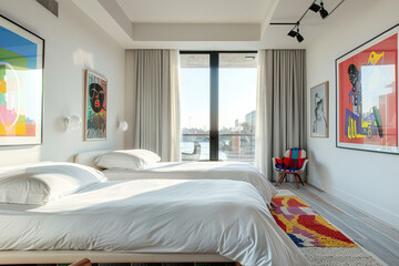 Large stylish room with two sleek beds, minimalist white bedding, colorful art pieces, and a big floor-to-ceiling window bringing in white light.