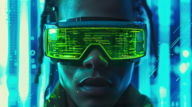 Futuristic man cyberpunk warrior in green glasses on blue digital background