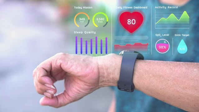 Senior man using AI smartwatch with futuristic hologram infographic display, hi-tech medical watch technology for diagnosis physical health condition, retire elderly doing exercise scanning heart rate