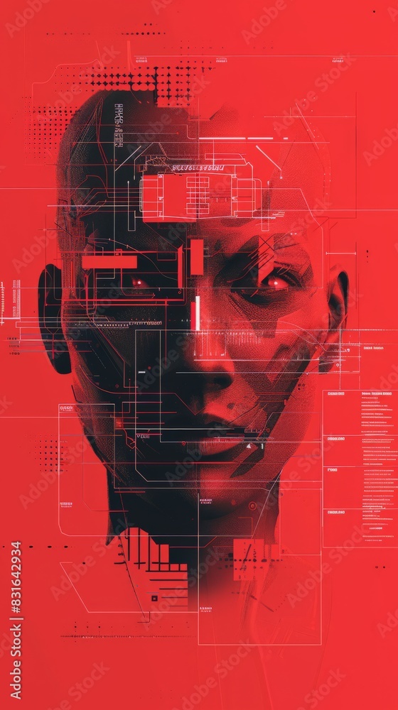Poster Digital face with technological patterns and data visualization on red background. Represents biometric authentication, cyber security, and face recognition.