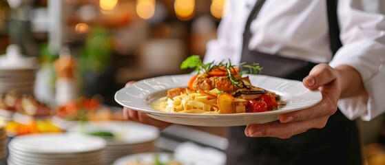 Closeup of stylish food on white plate, Waiter serving food to customers with blurred background
