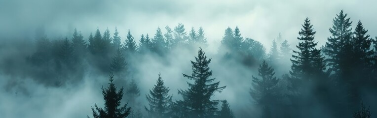 Mystical Black Forest Fog: Breathtaking Silhouette Landscape Panorama Banner