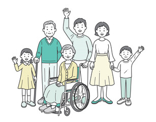 車いすのお婆さんを介助する三世代家族が集合した全身イラスト