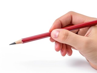 A hand holding a pencil in the act of drawing, captured against a stark white background, emphasizing the simplicity and creativity of the artistic process.