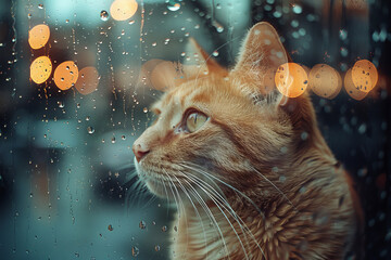cat is watching the world on a window created with Generative AI technology