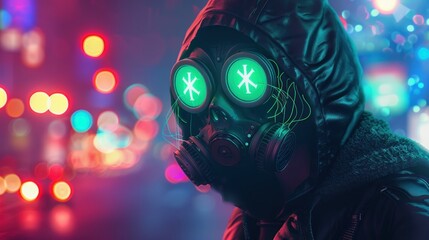 Naklejka premium Sci-fi futuristic cyberpunk woman wearing leather jacket with protective gas mask and green glasses