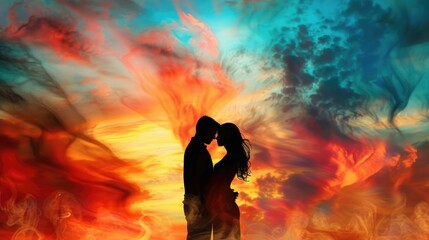 A passionate moment captured between a couple at sunset, their silhouettes against the glowing sky.