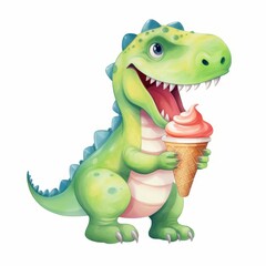 A cute Dinosaur eating shaved ice, watercolor clipart, Isolated on white background