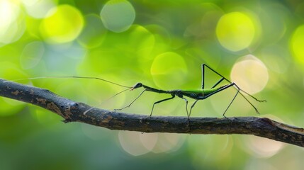 A green bug is on a branch - Powered by Adobe