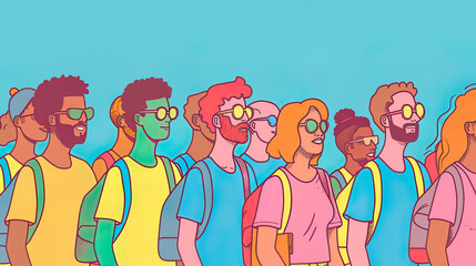 Diverse Group of People Outdoors in Colorful Cartoon Illustration