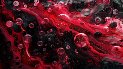 : Bright abstract design with red and black soap bubbles in paint for a dynamic background.