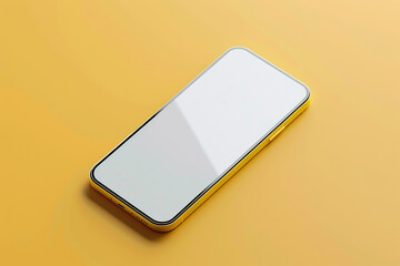 A frameless smartphone mockup with a white screen, viewed from a top-down angle, isolated on a solid yellow background,