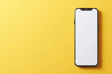 A frameless smartphone mockup with a white screen, placed flat with a soft shadow, solid yellow background,