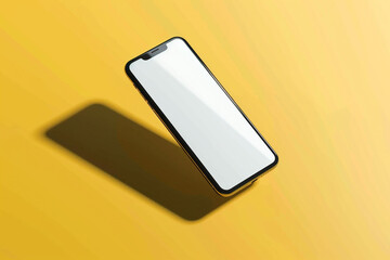 A frameless smartphone mockup with a white screen, shown in a floating perspective with a shadow, solid yellow background,