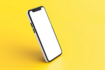 A frameless smartphone mockup with a white screen, tilted to the left, solid yellow background,