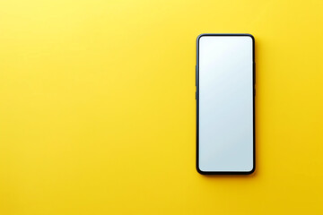 A frameless smartphone mockup with a white screen, showcased in a minimalist style, solid yellow background,