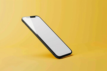 A frameless smartphone mockup with a white screen, tilted to the left, solid yellow background,