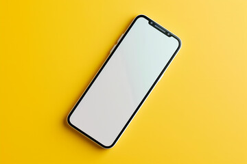 A frameless smartphone mockup with a white screen, viewed from above, isolated on a solid yellow background,