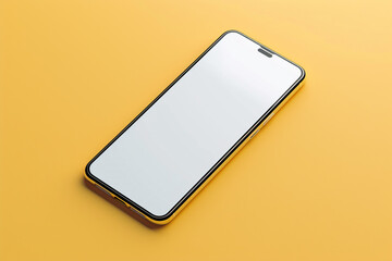A frameless smartphone mockup with a white screen, shown in a 3/4 view, isolated on a solid yellow background,