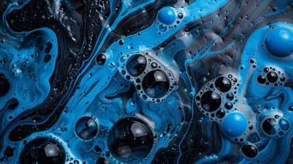 : Dynamic blue and black soap bubbles in paint create a lively abstract background.