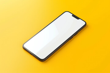 A frameless smartphone mockup with a white screen, displayed at a slight angle, solid yellow background,