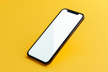 A frameless smartphone mockup with a bright white screen, tilted slightly to the right, isolated on a solid yellow background,