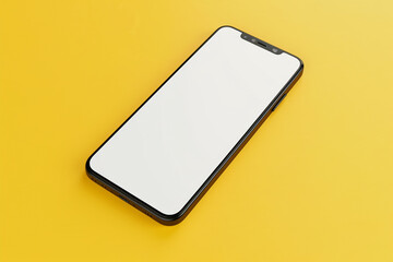 A frameless smartphone mockup with a white screen, shown in a close-up shot, solid yellow background,