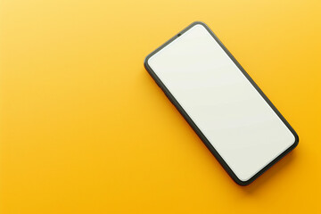 A frameless smartphone mockup with a white screen, positioned diagonally from a top-down view, isolated on a solid yellow background,