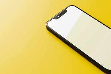 A frameless smartphone mockup with a white screen, shown in close-up detail, isolated on a solid yellow background,