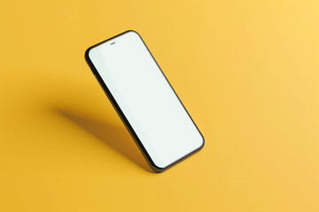 A frameless smartphone mockup with a white screen, tilted slightly to the left, isolated on a solid yellow background,