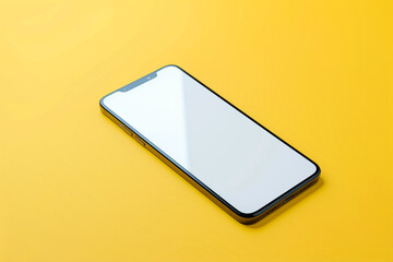 A frameless smartphone mockup with a white screen, displayed at a slight angle, solid yellow background,