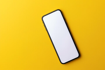 A frameless smartphone mockup with a white screen, positioned diagonally, solid yellow background,