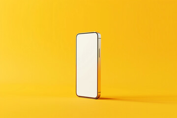 A minimalistic frameless smartphone mockup with a white screen, standing upright, solid yellow background,