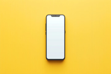 A modern frameless smartphone mockup with a white screen, perfectly centered on a solid yellow background,