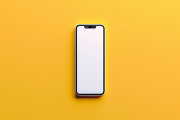 A modern frameless smartphone mockup with a white screen, perfectly centered on a solid yellow background,