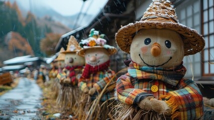 A cozy mountain village in Japan, where scarecrows dressed as villagers, students, and workers are scattered around, creating a unique atmosphere for the Nagoro Scarecrow Festival.