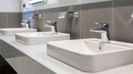 Modern Sleek Sinks in Public Bathroom with Touchless Faucets, Close Up View