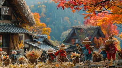 Fototapeta premium A cozy mountain village in Japan, where scarecrows dressed as villagers, students, and workers are scattered around, creating a unique atmosphere for the Nagoro Scarecrow Festival.