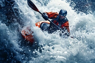 Kayaker paddling down a rushing river, navigating whitewater rapids with incredible skill.