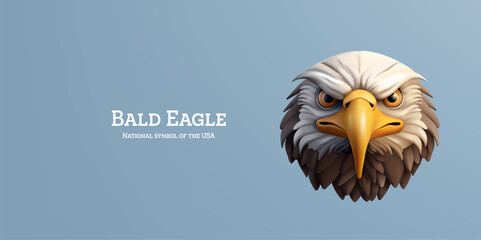 Bald eagle, 3D. Realistic image of a bald eagle head on a blue background. The symbol of America. Wild bird of prey. Vector
