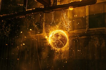 Lone basketball engulfed in golden light, arcing perfectly through hoop.