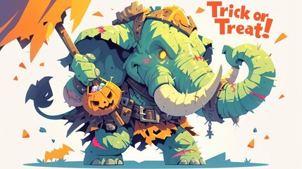 Naklejka premium Playful Zombie Elephant with Trick or Treat Bag, Brain-Themed Candy, Halloween Fun, Suitable for Halloween Cards and Decorations
