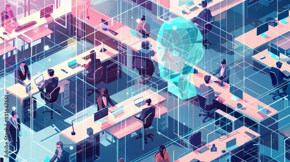 Poster Futuristic office environment with employees working amidst holographic digital interfaces and an AI head projection. Emphasizing surveillance and workplace technologies.