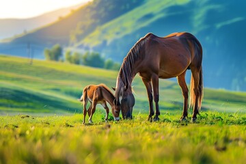 A serene landscape featuring a mare and her foal grazing in a verdant meadow with rolling hills and a golden sunset in the background.