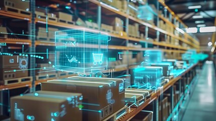 Smart warehouse management system using augmented reality technology to identify package picking and delivery . Future concept of supply chain and logistic business 